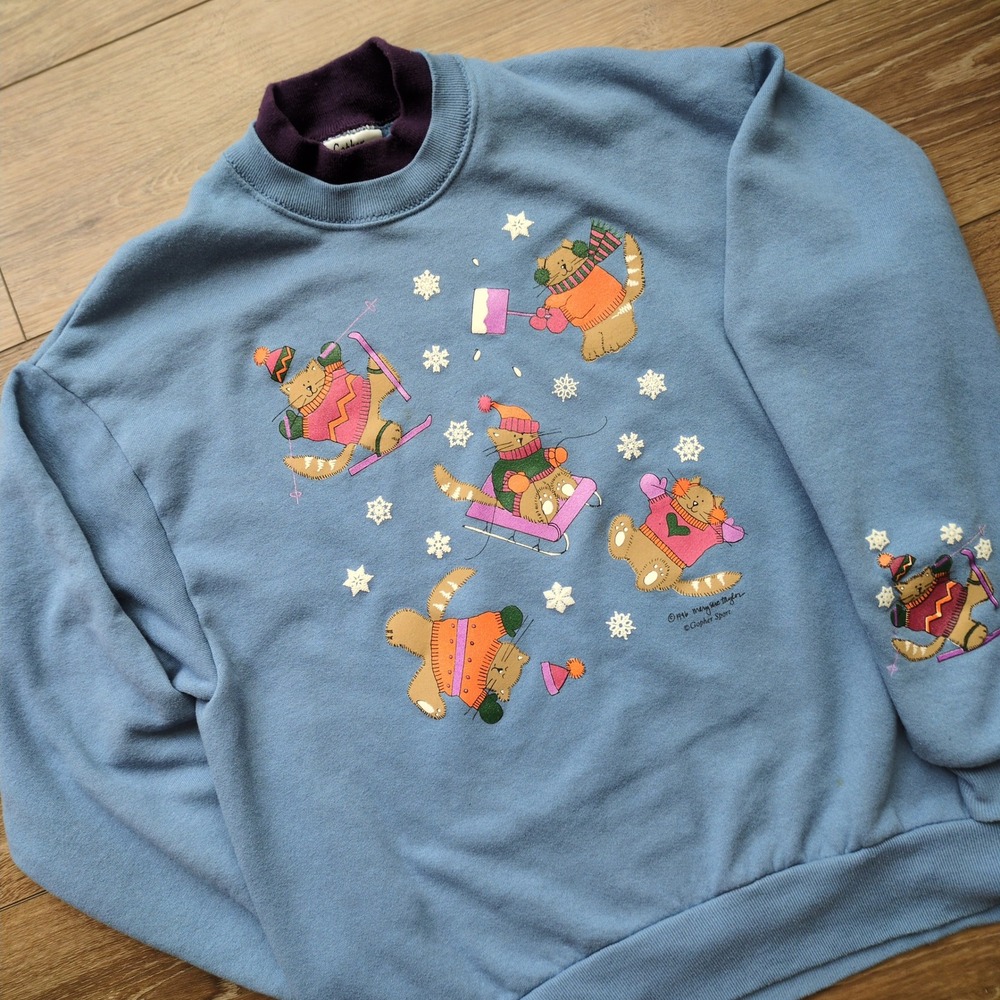 Vtg 90s Gopher Sport Snow Cats Sweatshirt Blue Ski Sled Grandama Cottagecore L